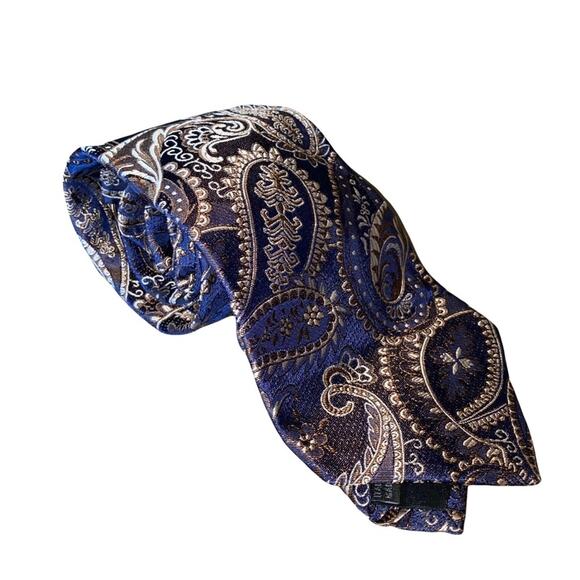 Express Design Studio Paisley Print Blue and Brown 100% Italian Silk Tie - Picture 10 of 12